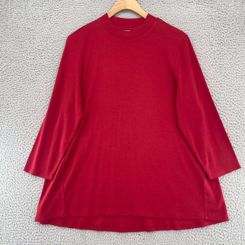 J Jill Top Womens Medium Red High Neck 3/4 Sleeve Stretch Knit Pullover Casual